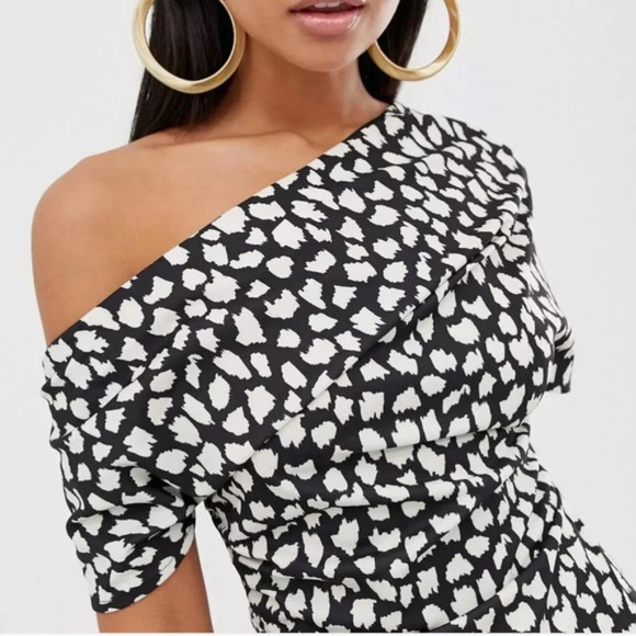 ASOS "NEW" Splodge Print Mono Polka Dot Pleated Shoulder Pencil Midi Dress Sz 12 - Picture 2 of 8